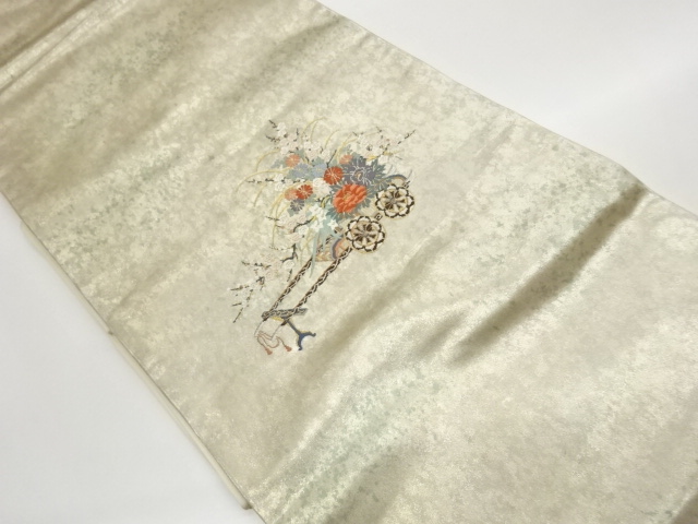 高島織物製　青銅箔花車模様織出し名古屋帯